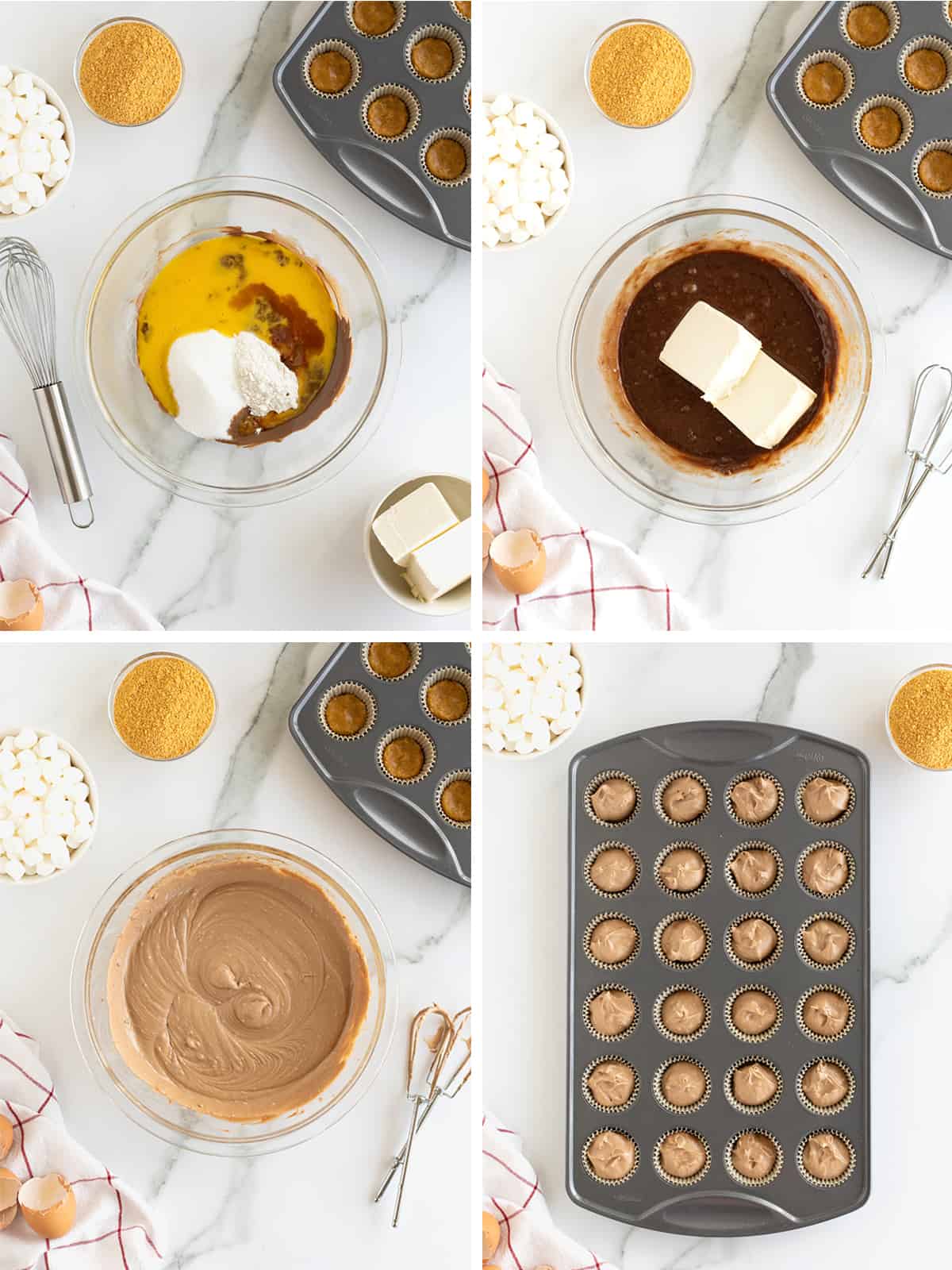 Steps to make the filling for S'mores Cheesecake bites in a mini muffin pan.