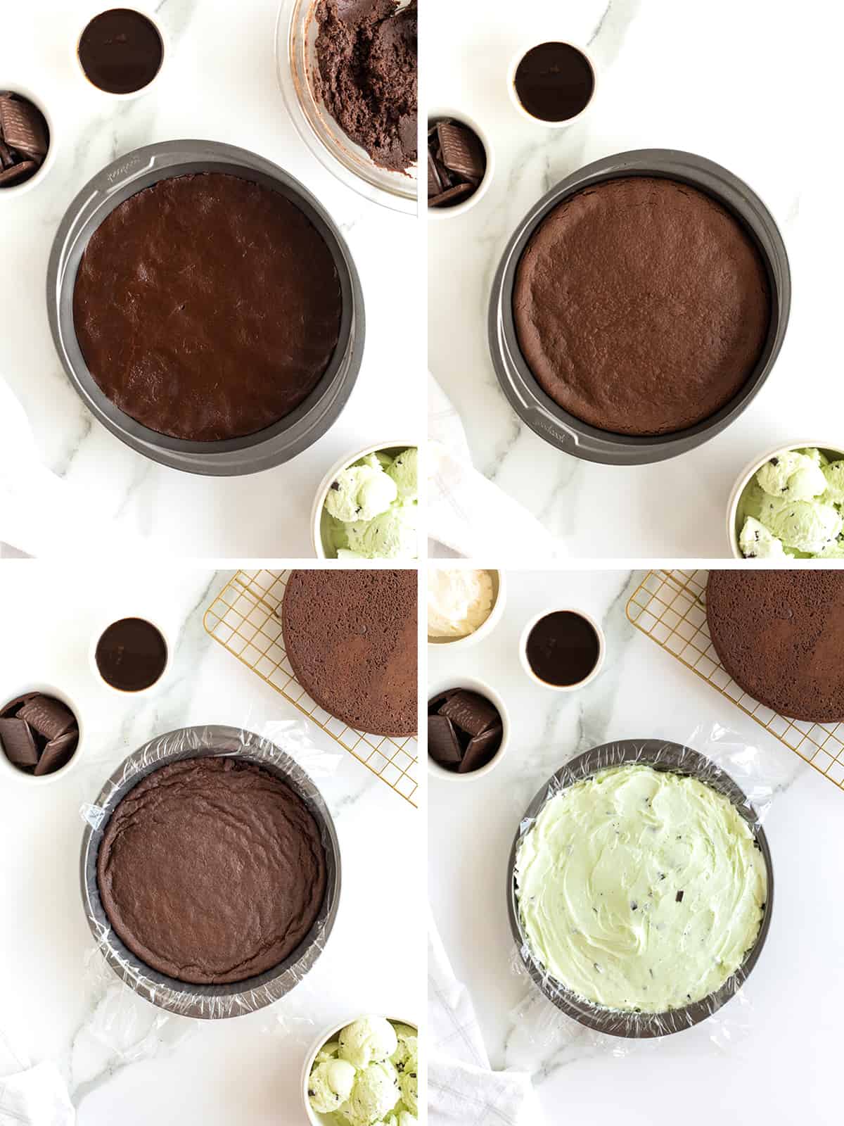 Steps to make a mint chip ice cream cake. 