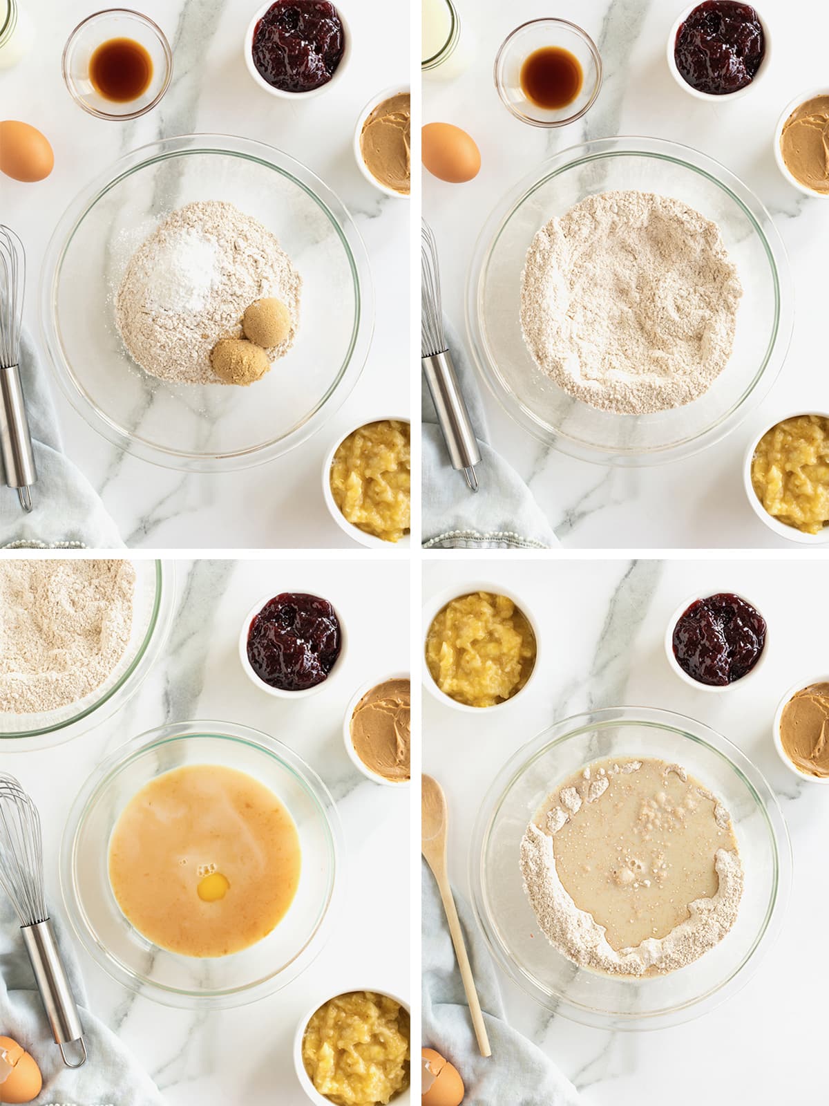 Steps to make banana pancake peanut butter and jelly sandwiches.