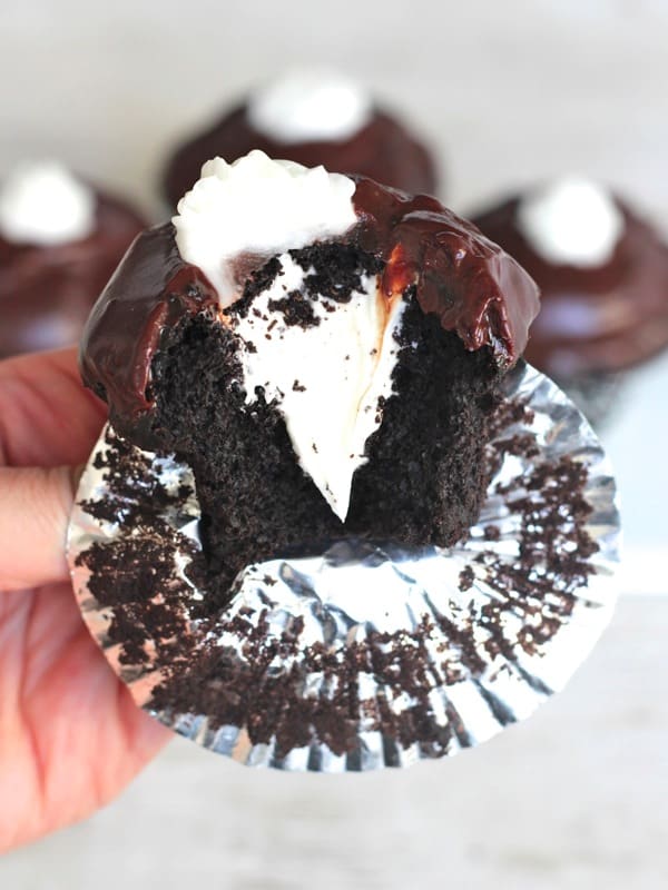 Dark Chocolate Cream Filled Cupcakes | The BakerMama