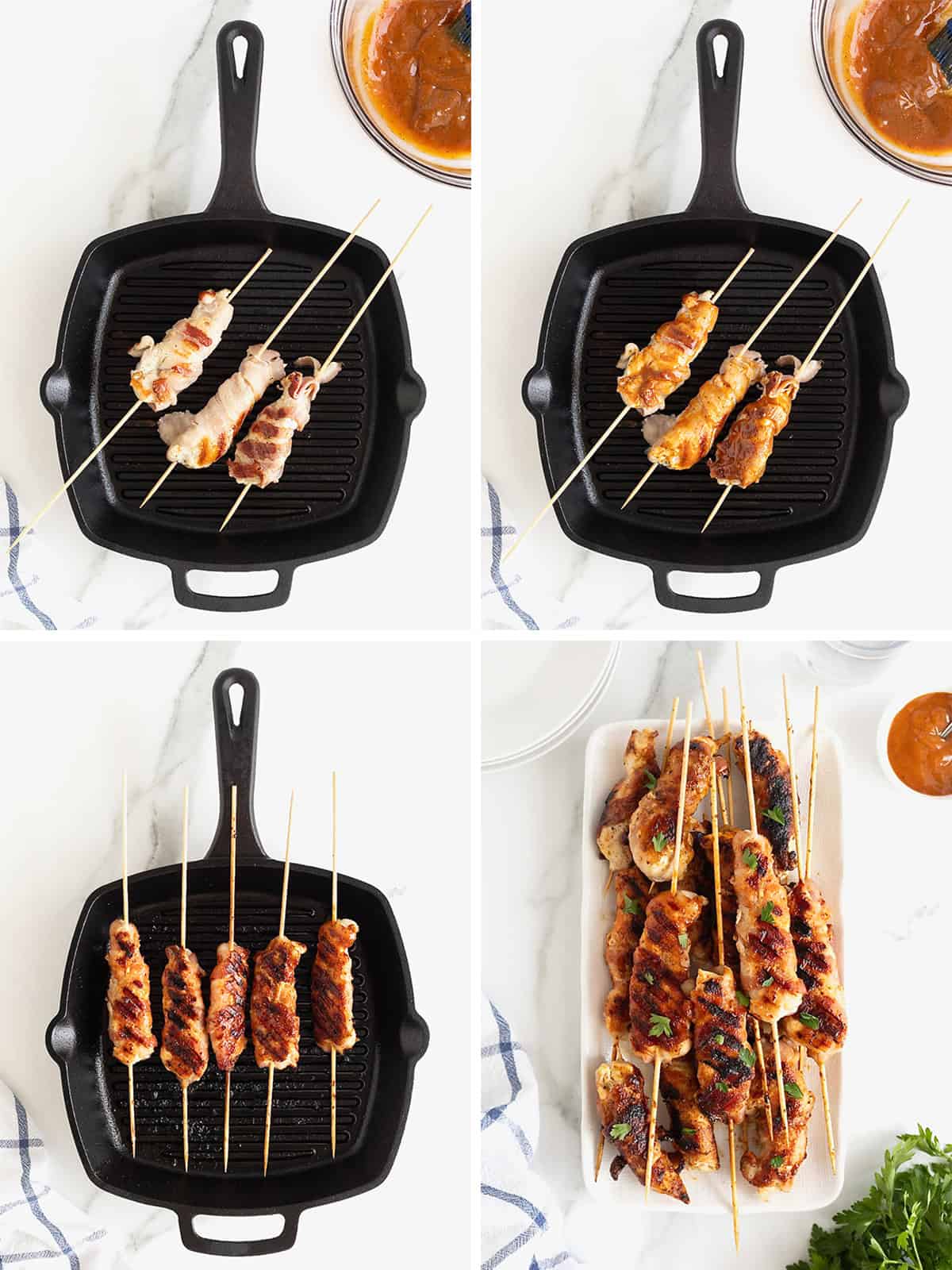 Steps to make bacon wrapped chicken skewers.