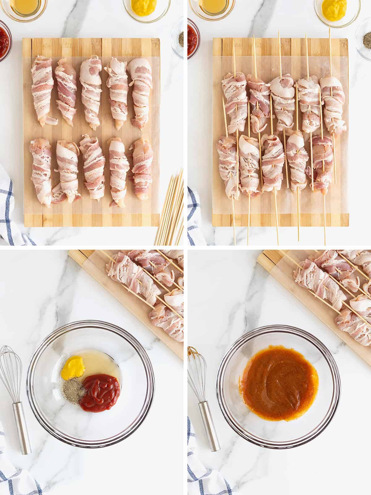 Steps to make bacon wrapped chicken skewers.