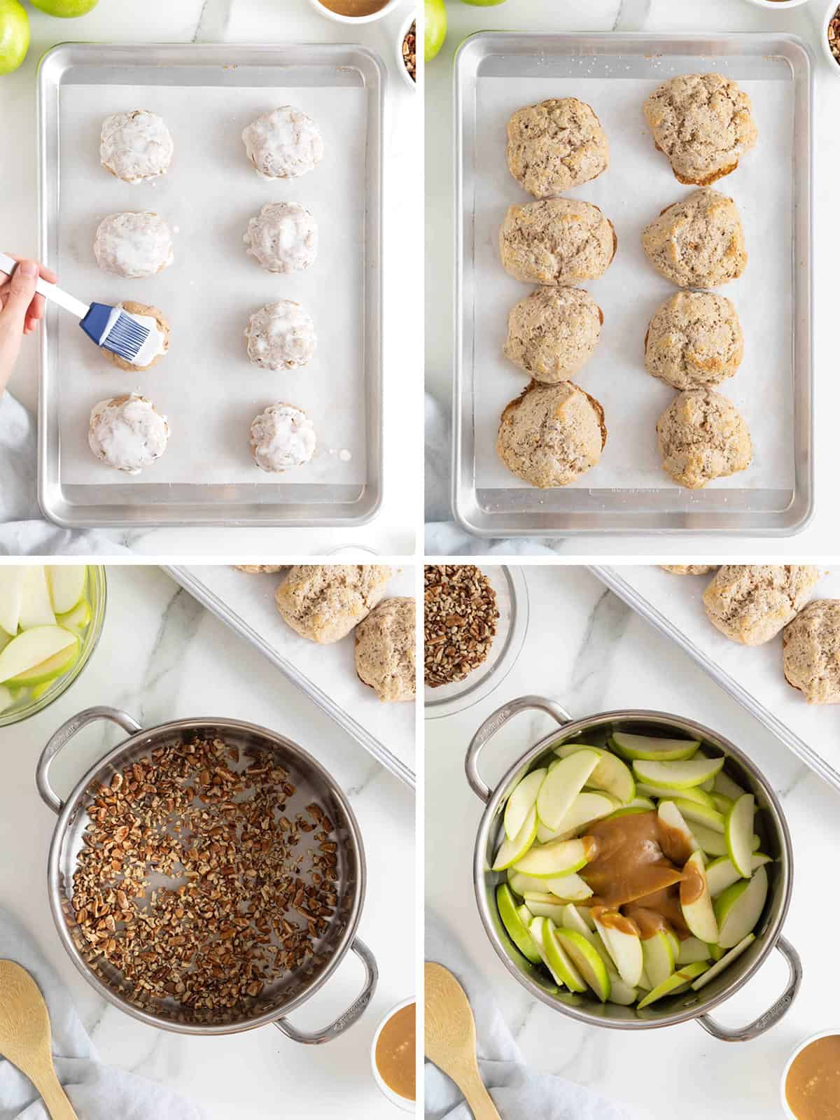 Steps to make caramel apple pecan shortcakes.