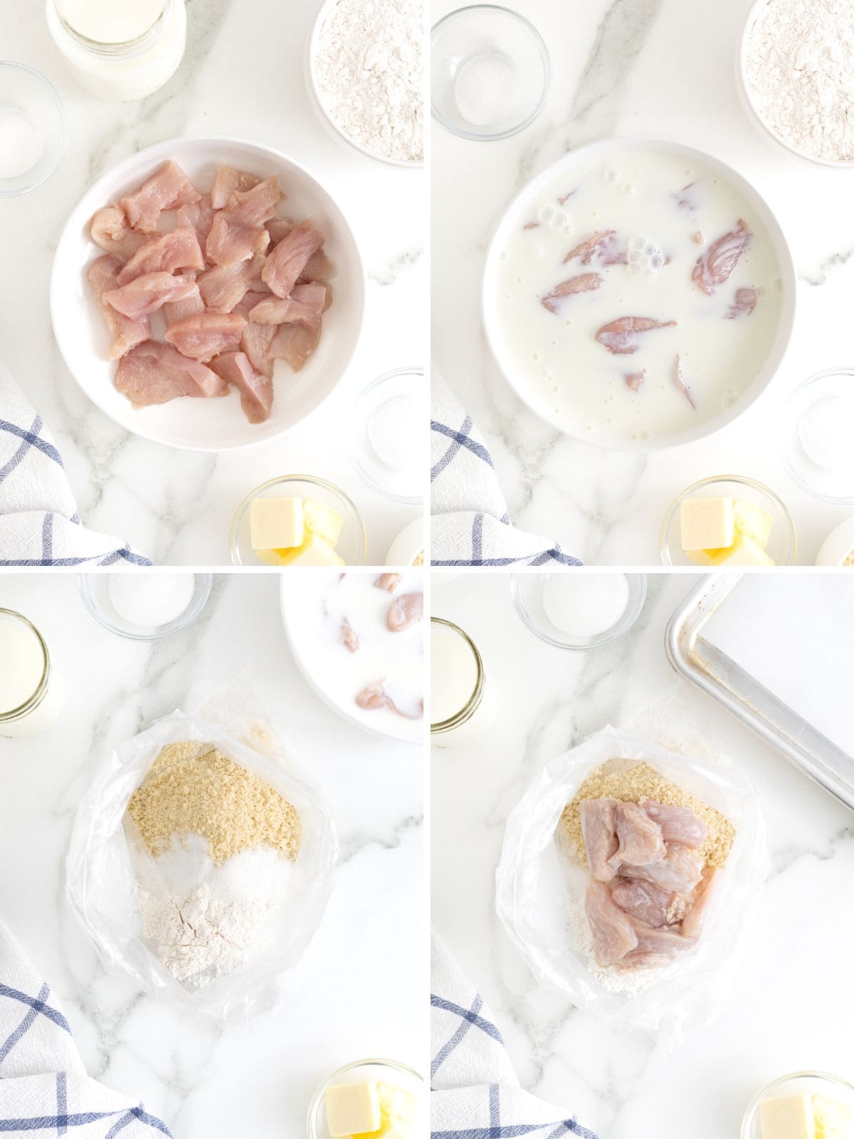 Steps to make oven-fried mini chicken biscuits.