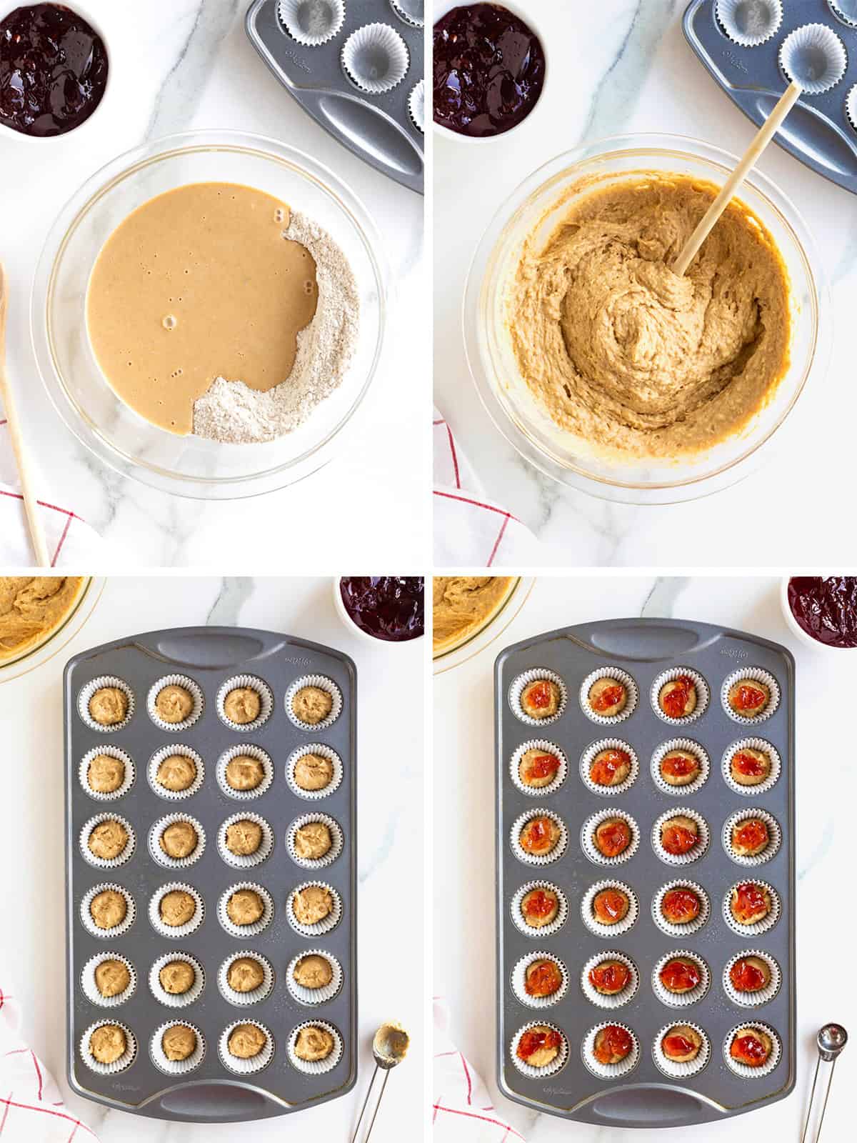 Steps to make peanut butter and jelly muffins. 