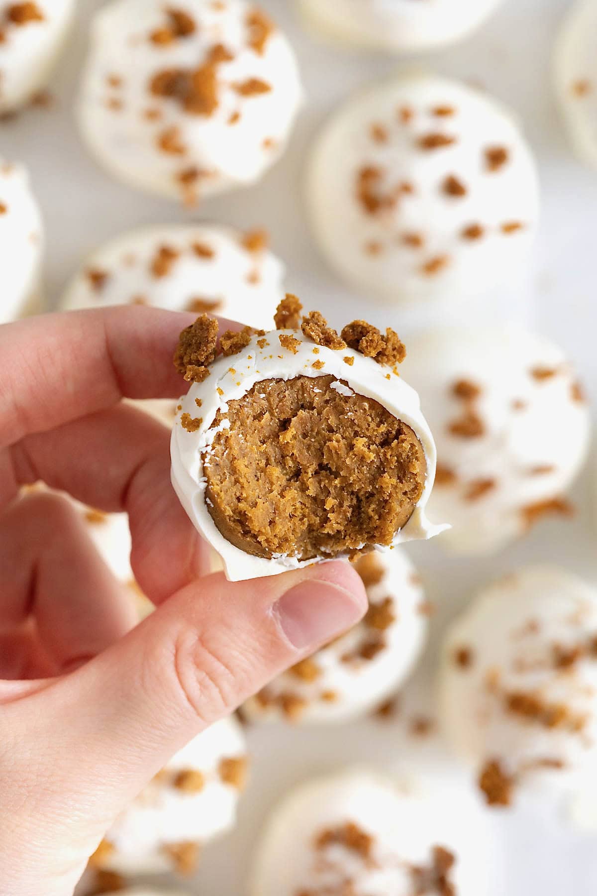 A hand holding a pumpkin cake ball over a white dish of pumpkin spice cake balls.