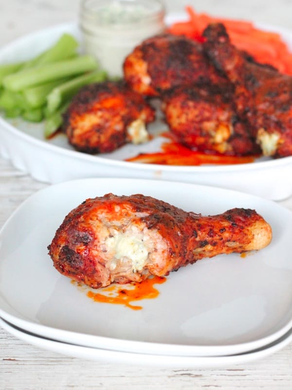 Grilled Buffalo Blue Cheese-Stuffed Drumsticks - The BakerMama