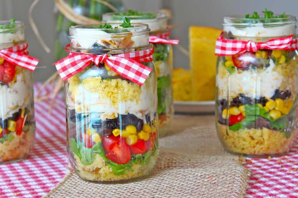 Cornbread Salad that can be layered in individual jars or a big serving bowl. Party perfect!