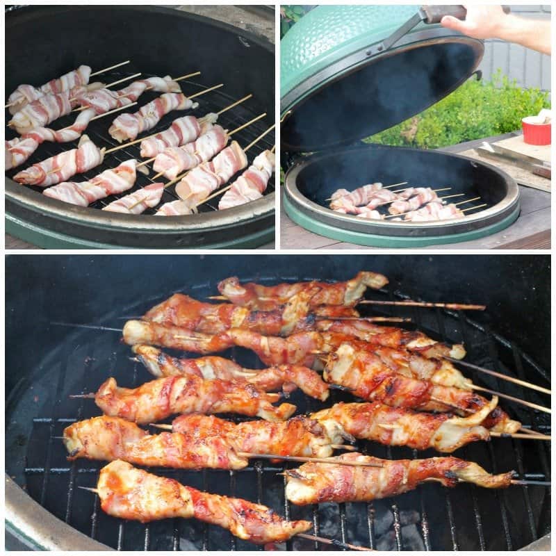 In Bacon verpakte gegrilde kipspiesjes