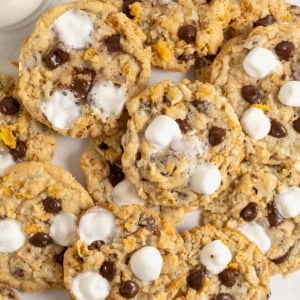 A pile of corn flake cookies with chocolate chips, mini marshmallows and coconut.