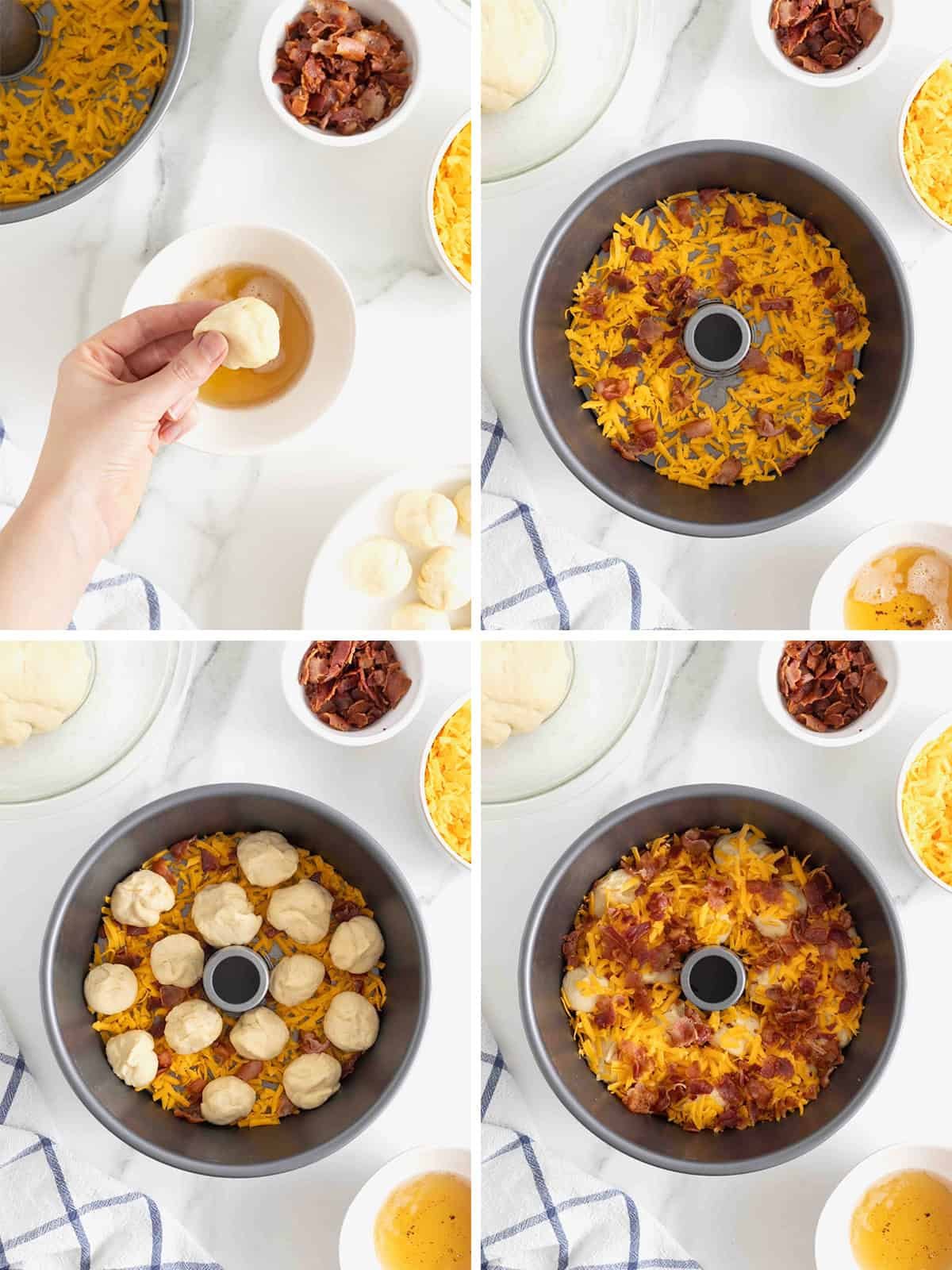 Steps to make monkey bread with bacon and cheddar cheese.