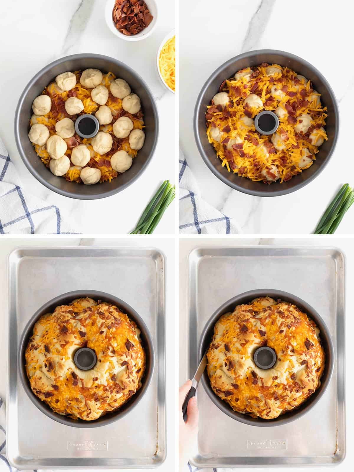 Steps to make monkey bread with bacon and cheddar cheese.