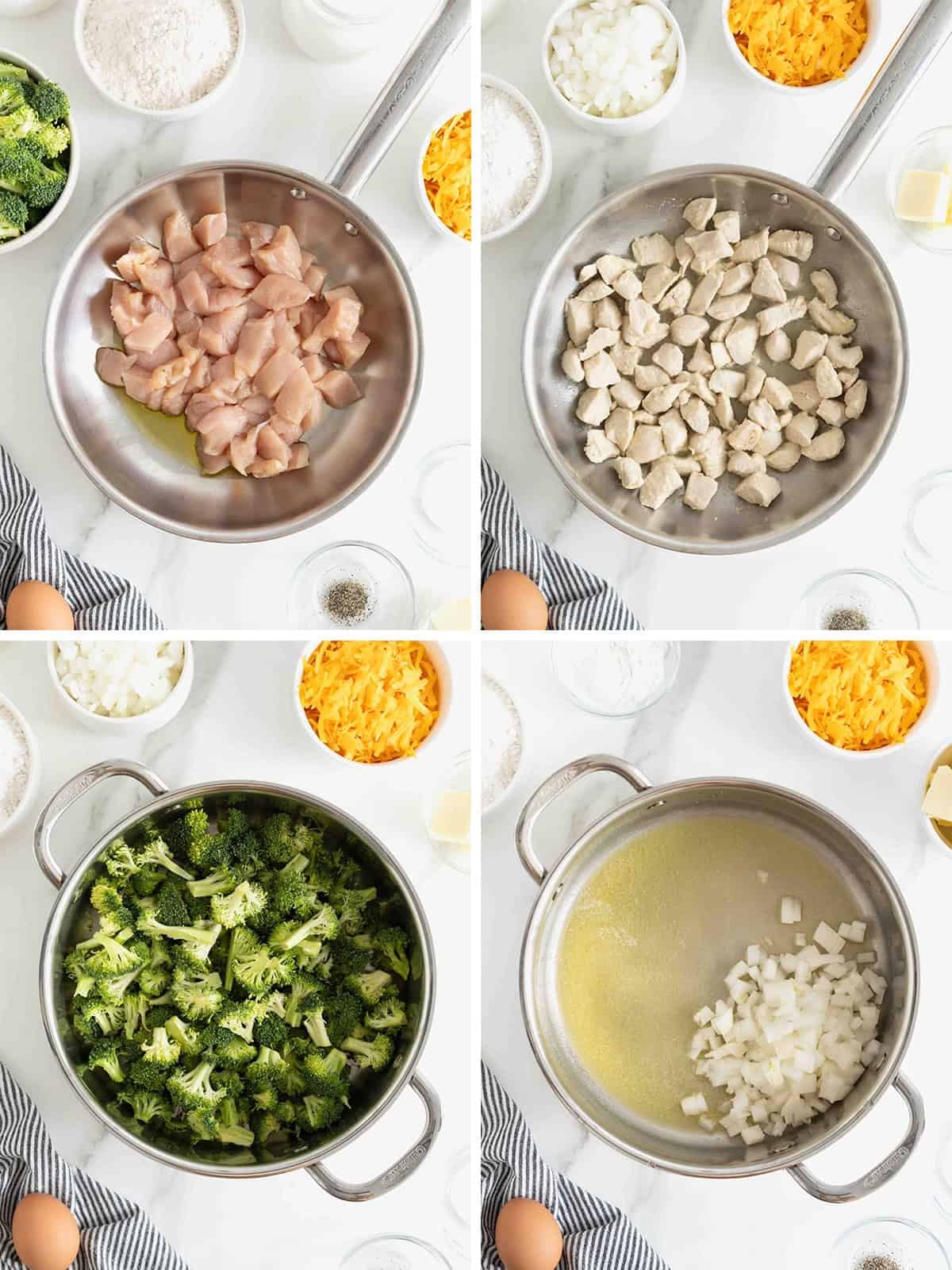 Steps to make cheesy broccoli chicken pot pie.