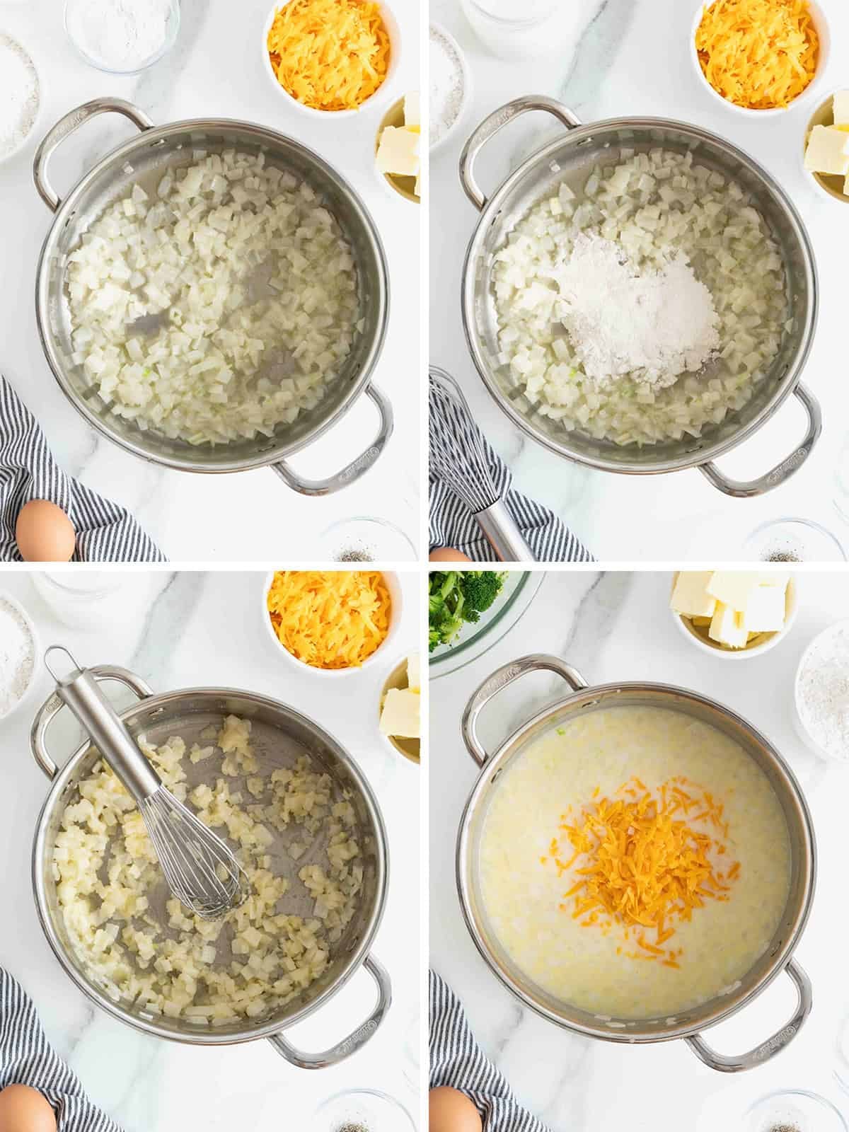 Steps to make cheesy broccoli chicken pot pie.