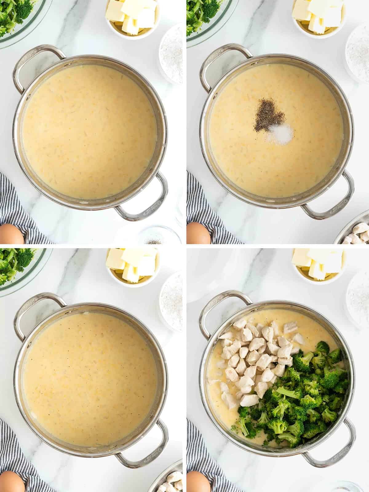 Steps to make cheesy broccoli chicken pot pie.