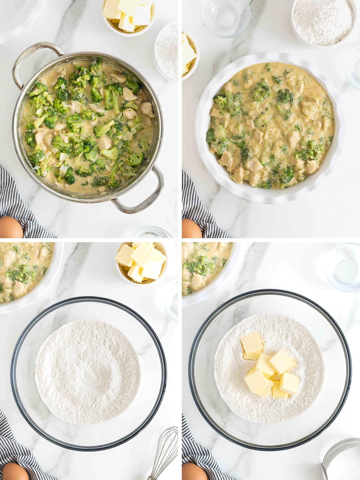 Steps to make cheesy broccoli chicken pot pie.