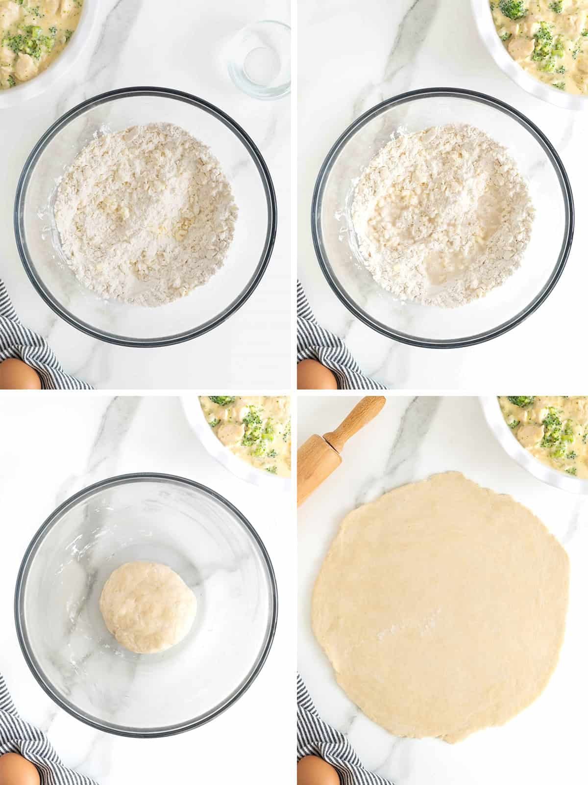 Steps to make cheesy broccoli chicken pot pie.