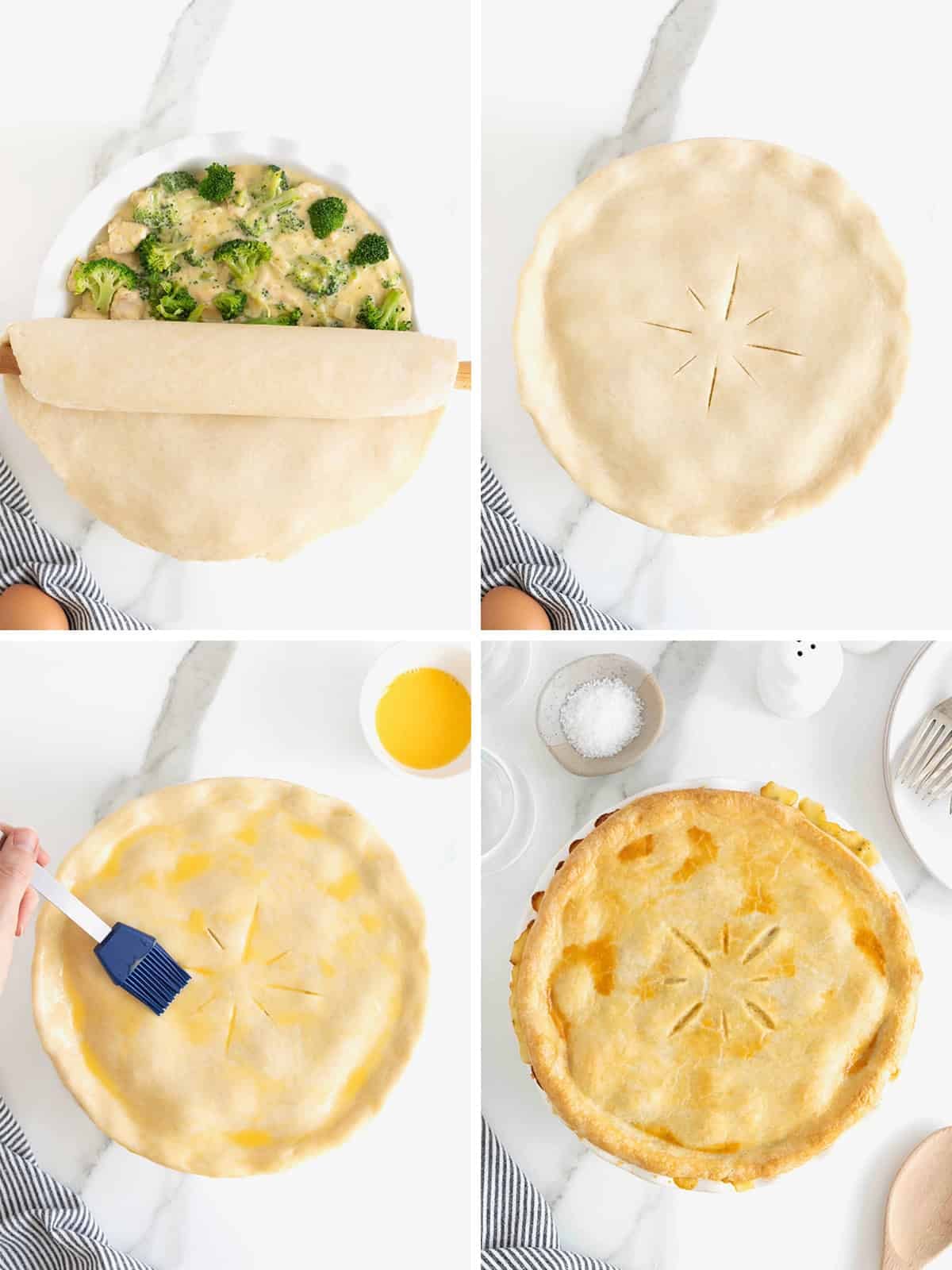 Steps to make broccoli cheese chicken pot pie.