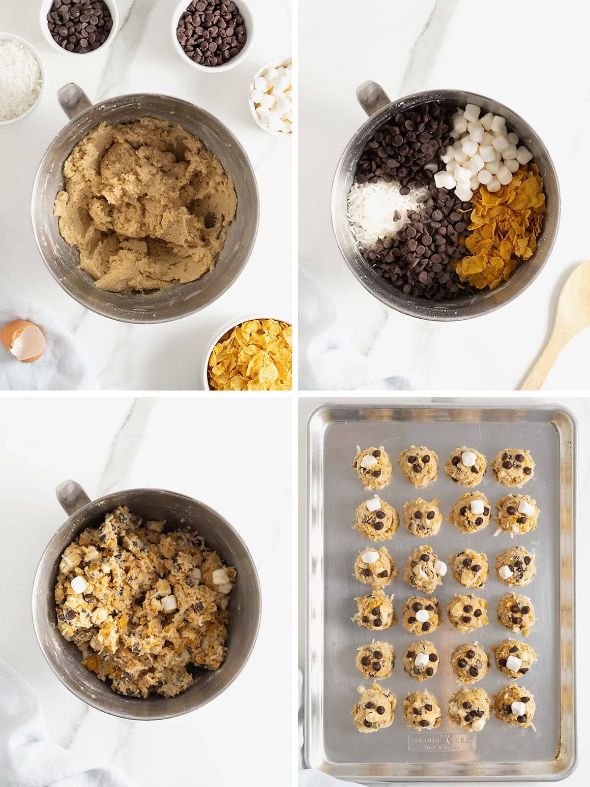 Steps to make cornflake coconut chocolate chip cookies.