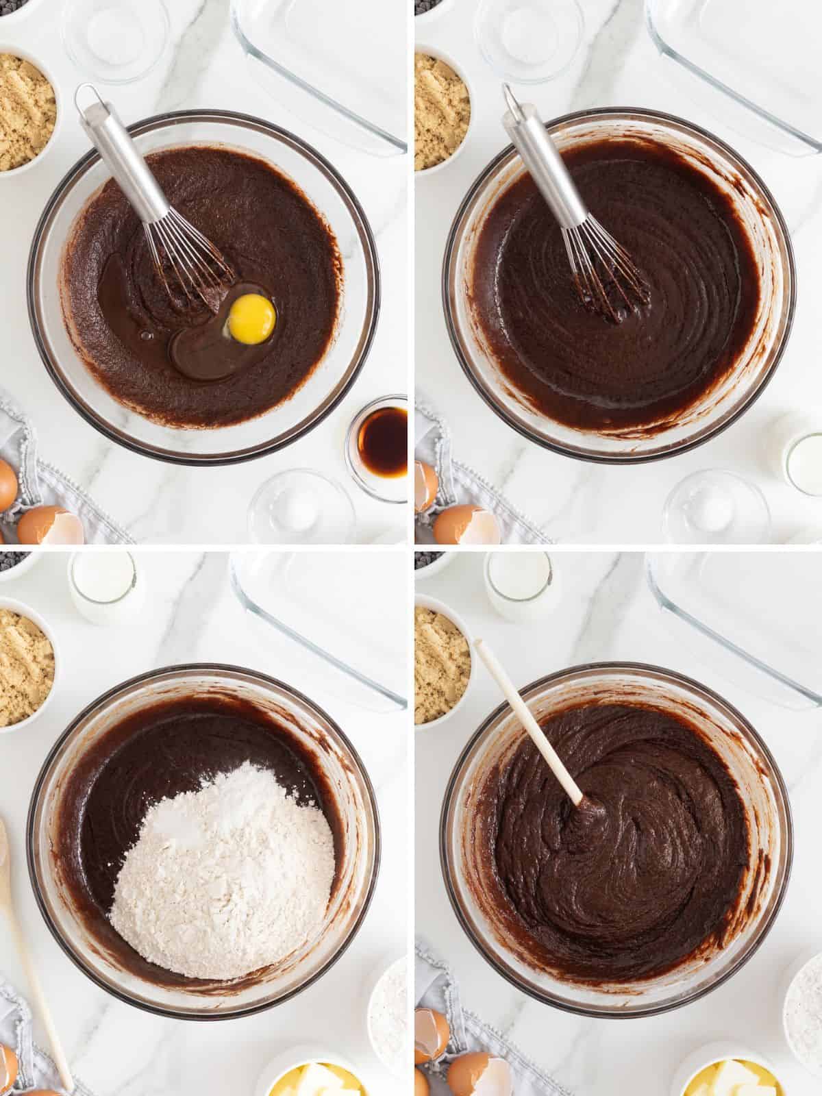 Steps to make cookie dough frosted fudge brownies.