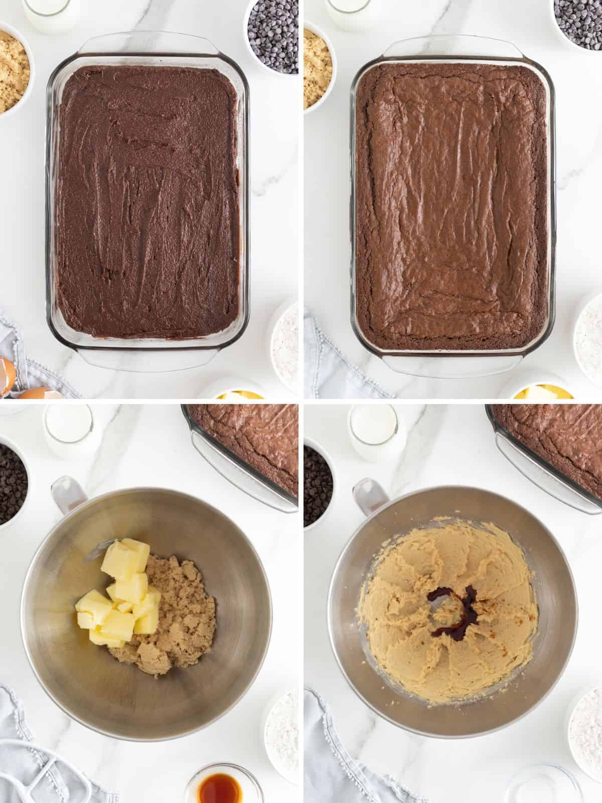 Steps to make cookie dough frosted brownies.