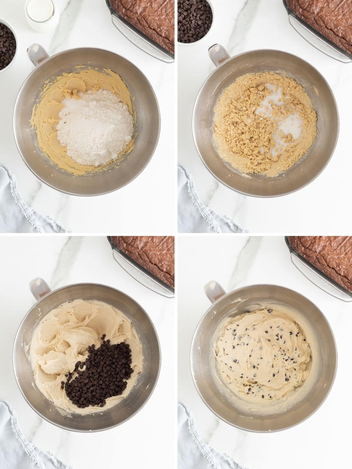 Steps to make cookie dough frosted fudge brownies.