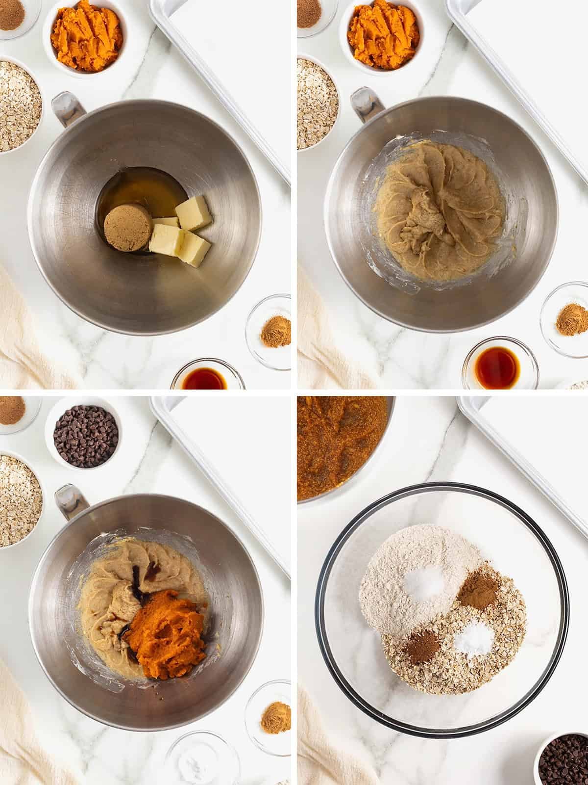 Steps to make pumpkin oatmeal chocolate chip cookies.