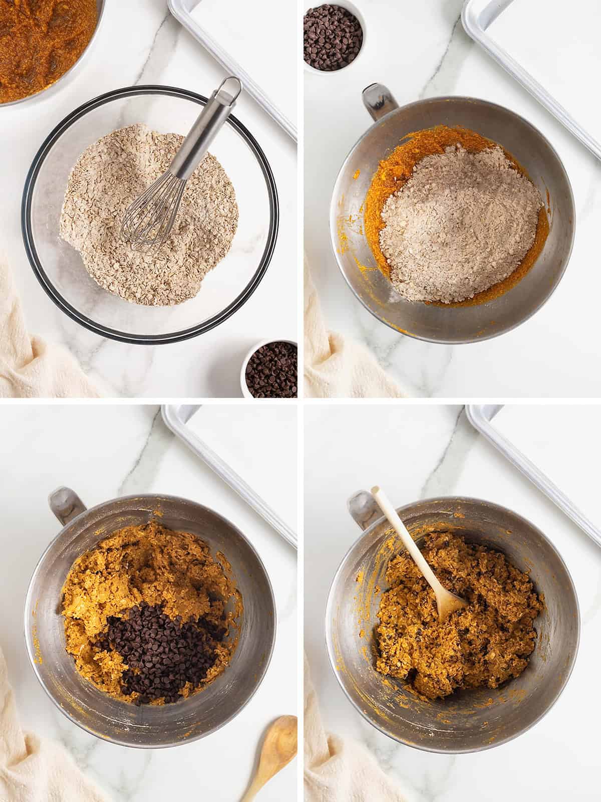 Steps to make pumpkin oatmeal chocolate chip cookies.
