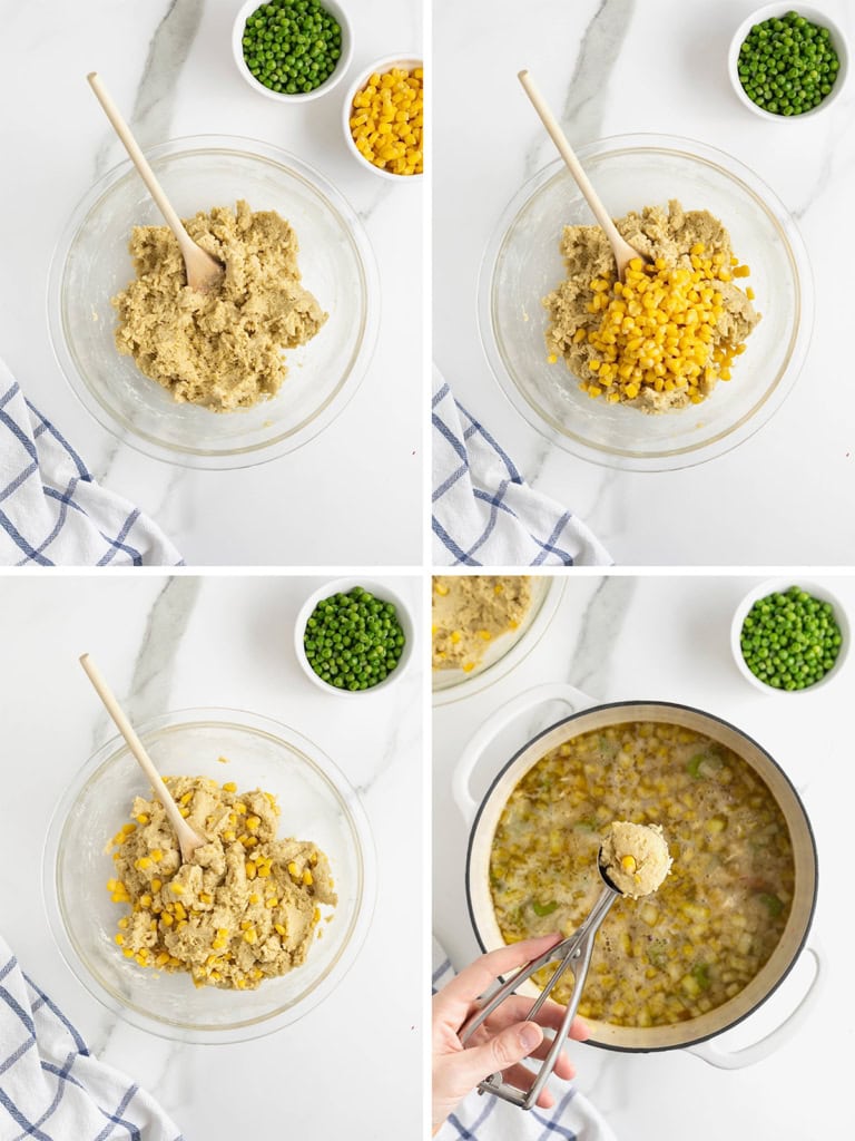 Steps to make turkey and cornbread dumplings.