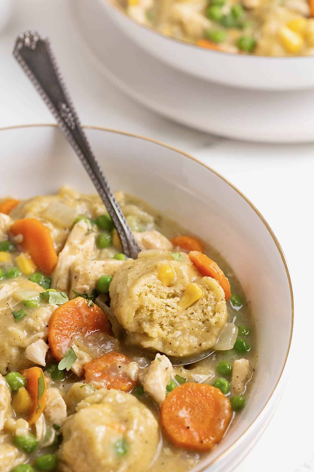 A spoon in a bowl of turkey and dumplings.