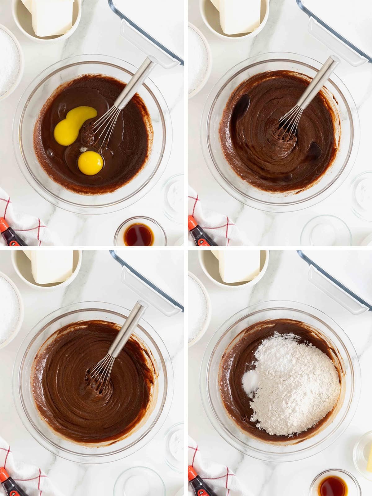 Steps to make red velvet brownies. 