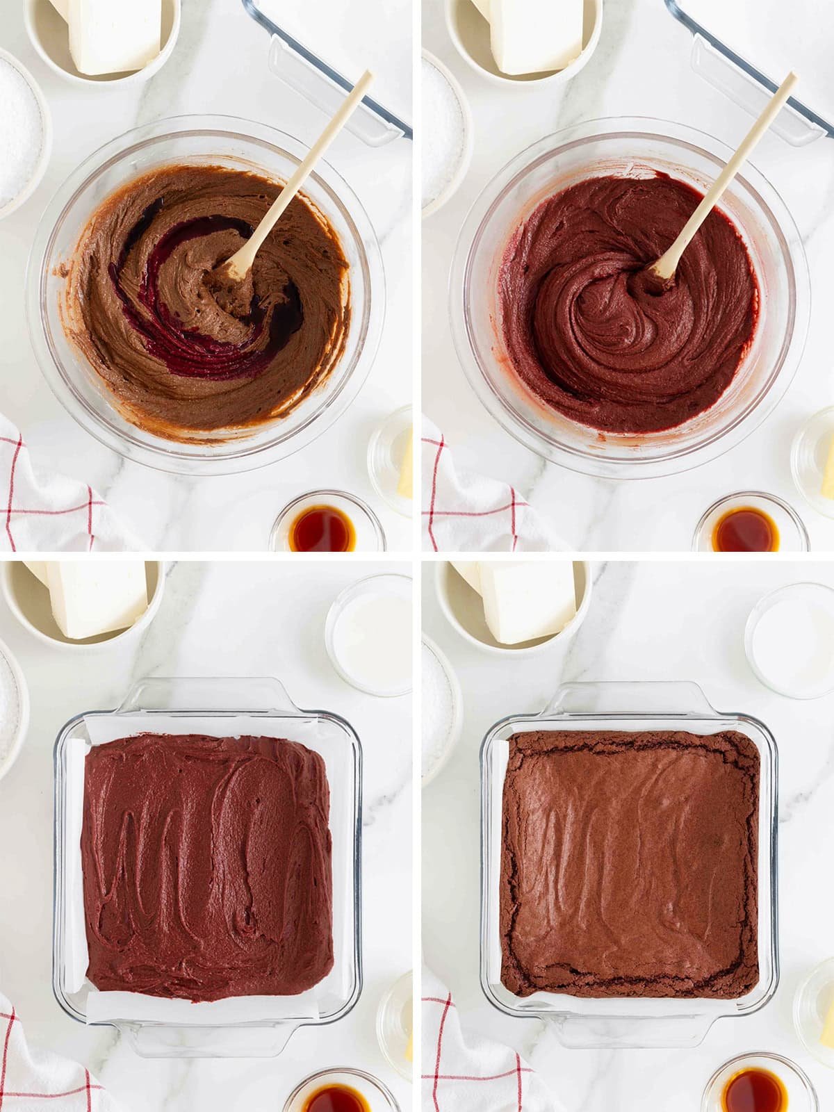 Steps to make red velvet brownies.