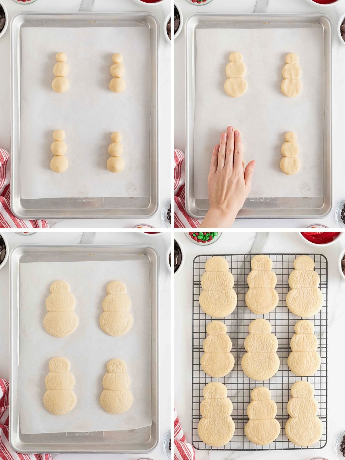 Steps to make snowman sugar cookies.