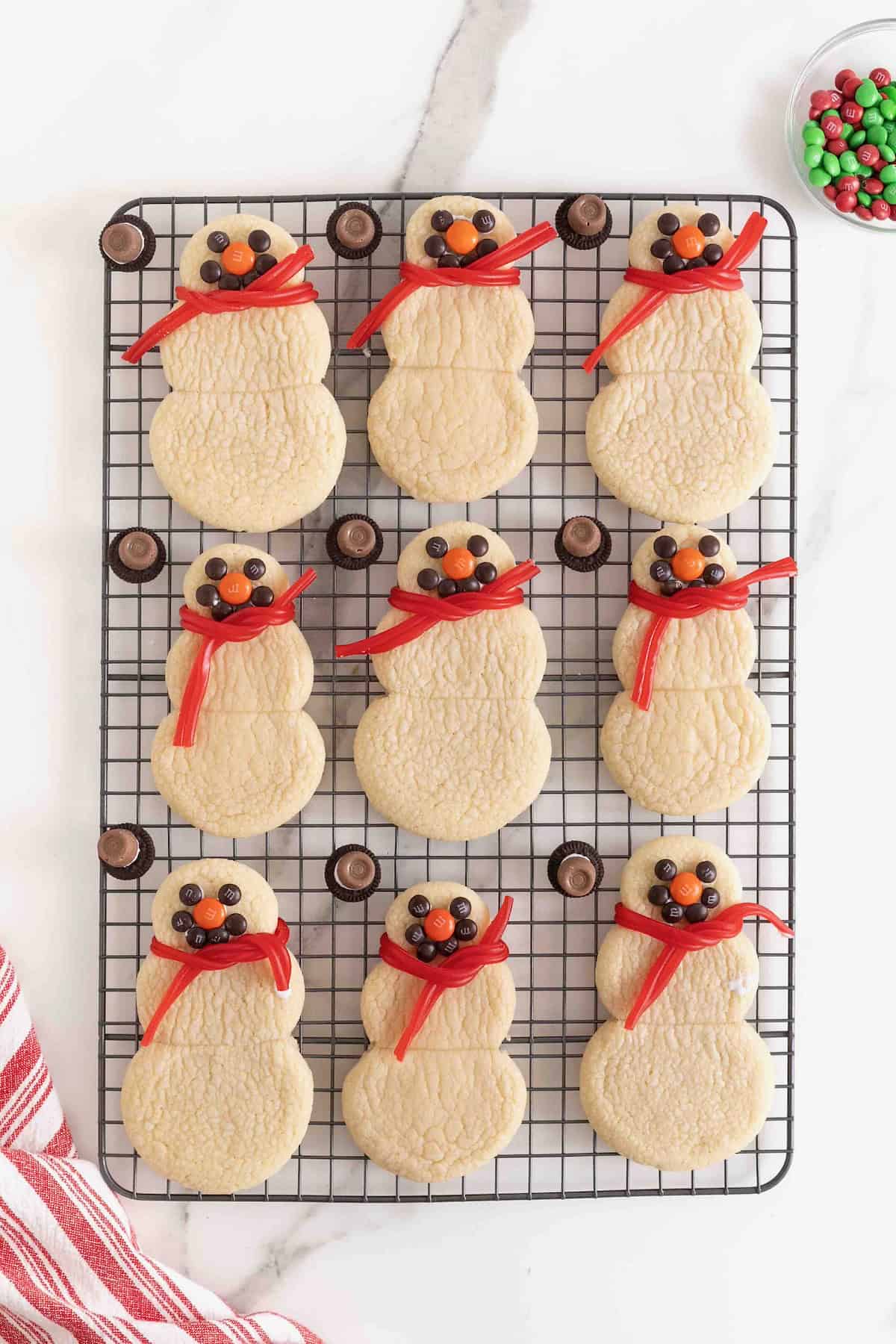 Pull and peel licorice used as a scarf on a sugar cookie snowman. 