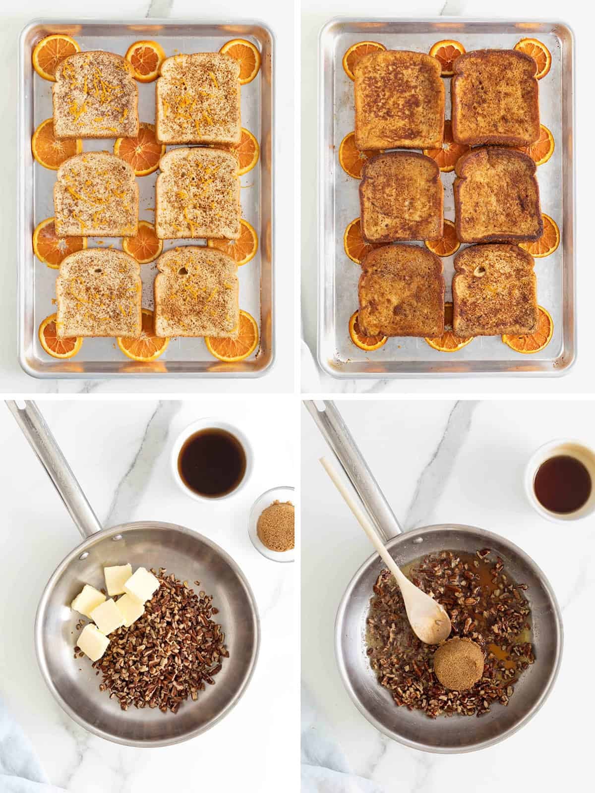 Steps to make orange pecan baked French toast.