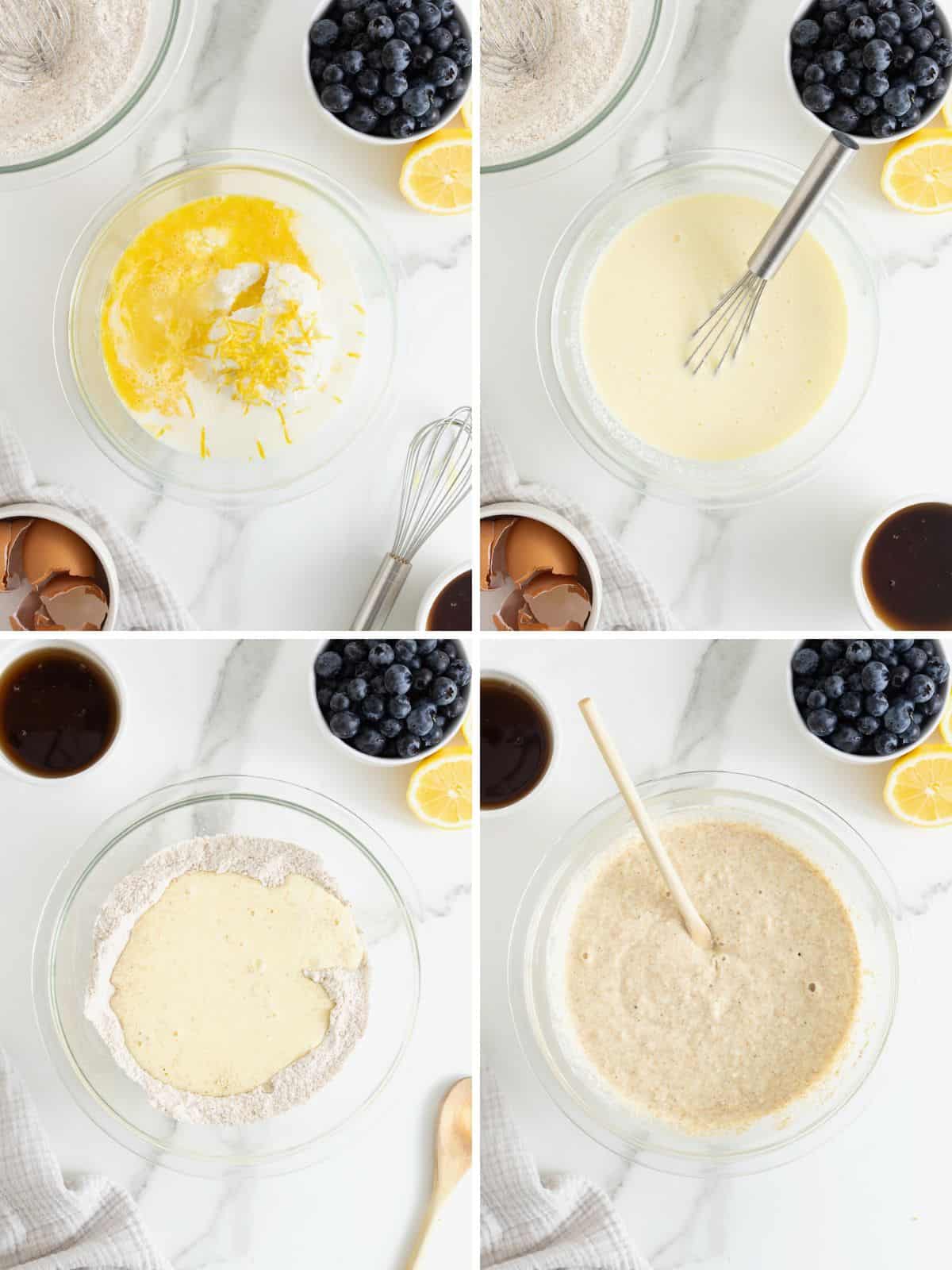 Steps to make whole wheat blueberry lemon ricotta pancakes.