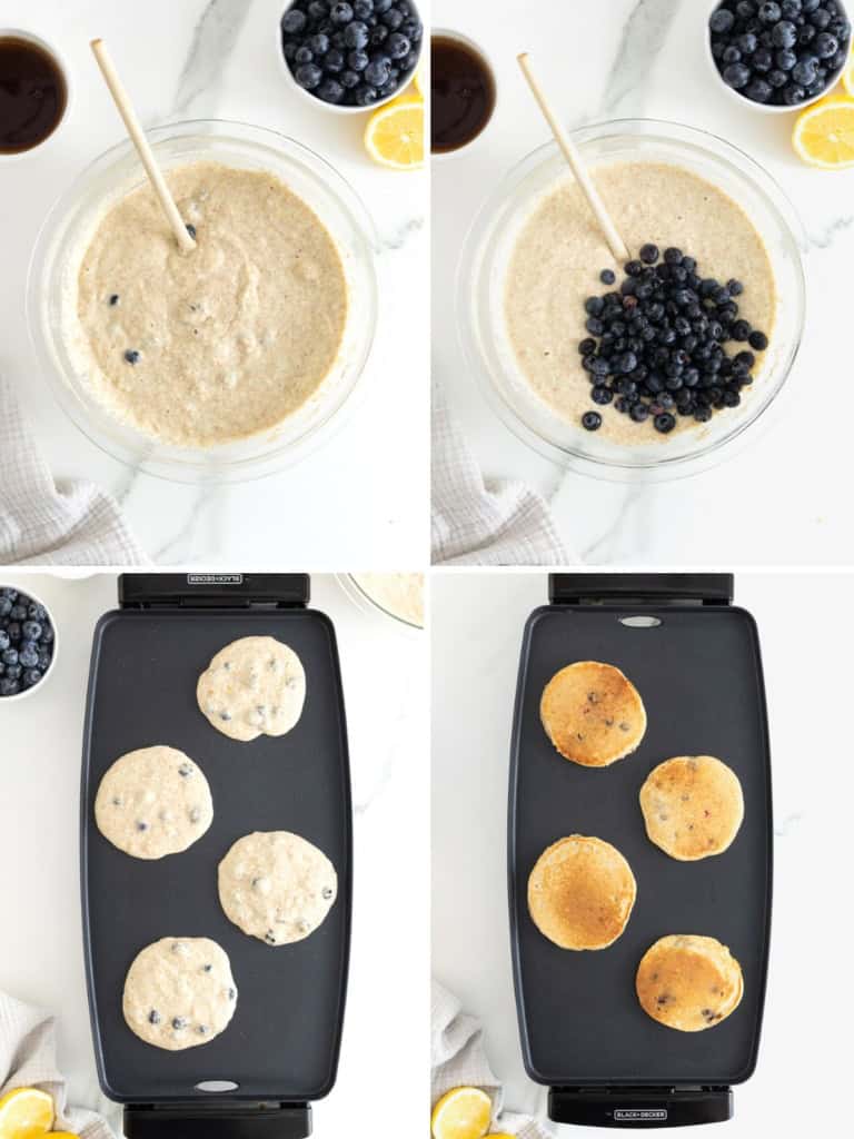 Steps to make whole wheat blueberry lemon ricotta pancakes.
