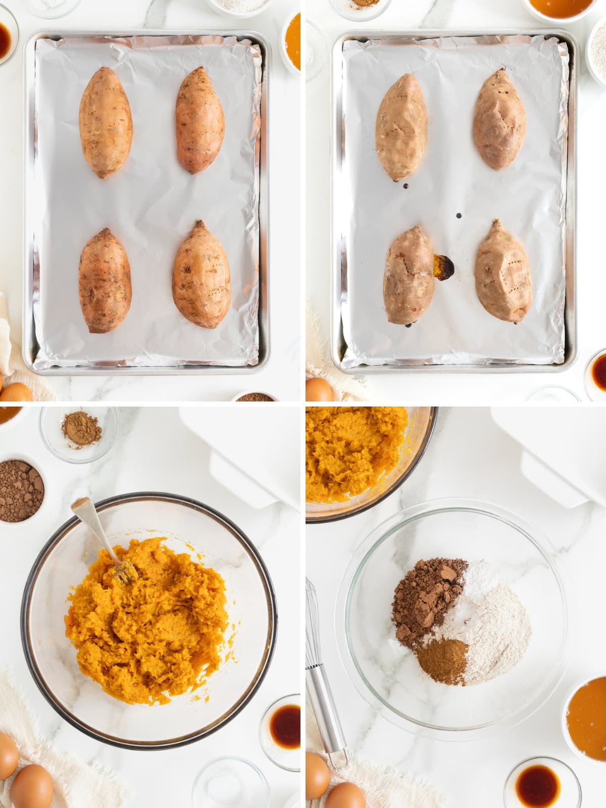 Steps to make whole wheat sweet potato brownies.
