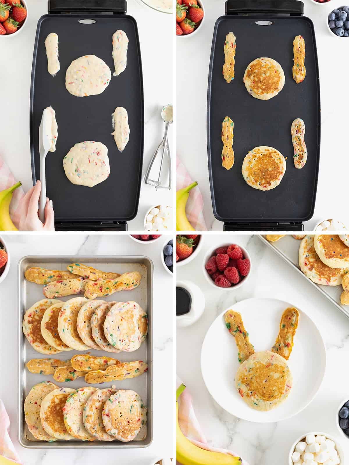 Steps to make bunny shaped pancakes for Easter.