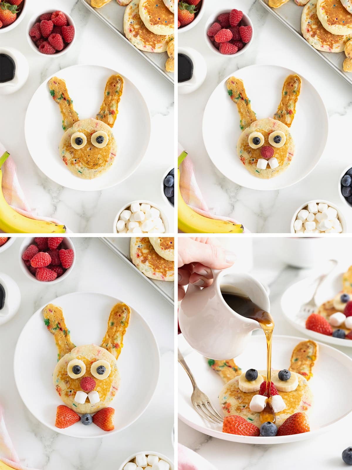 Steps to make Easter bunny pancakes.