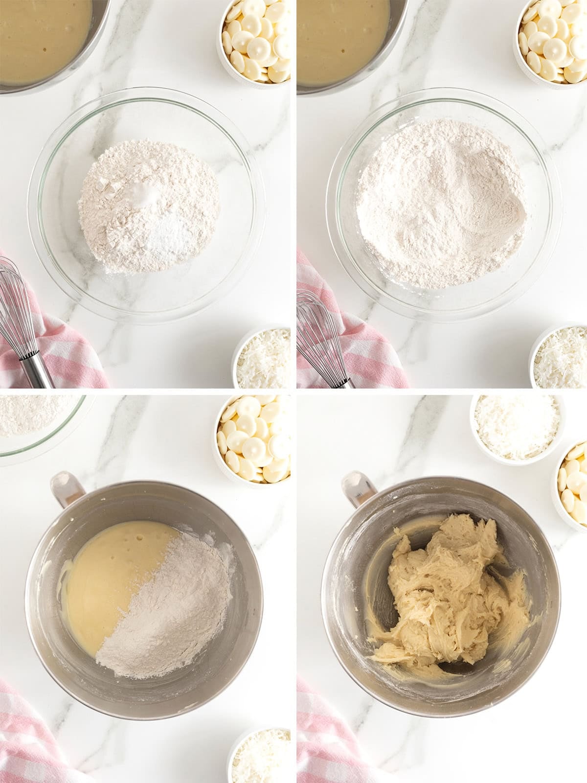 Steps to make white chocolate dipped coconut cookies.