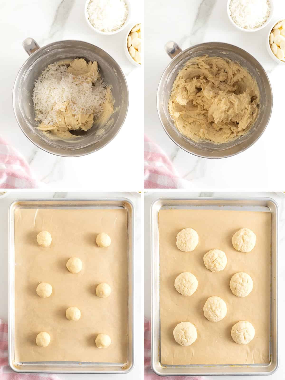 Steps to make white chocolate dipped coconut cookies.