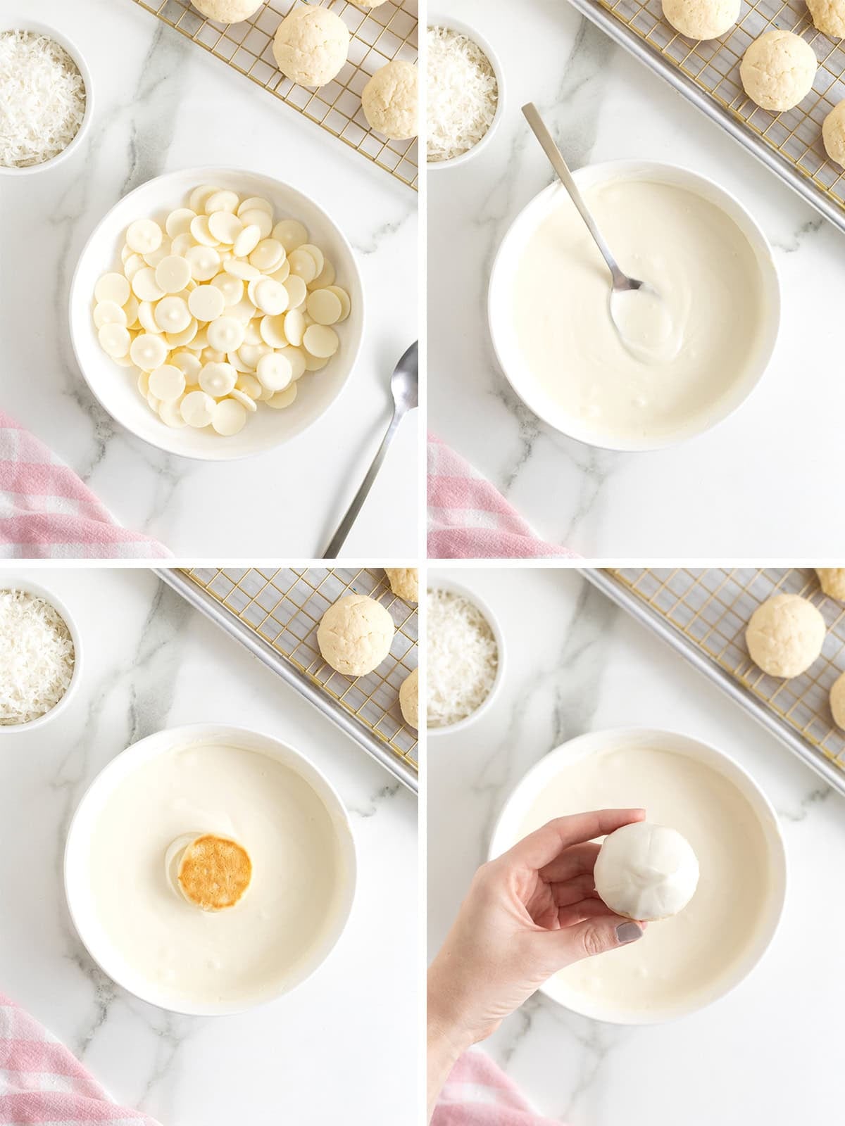 Steps to make white chocolate dipped coconut cookies.