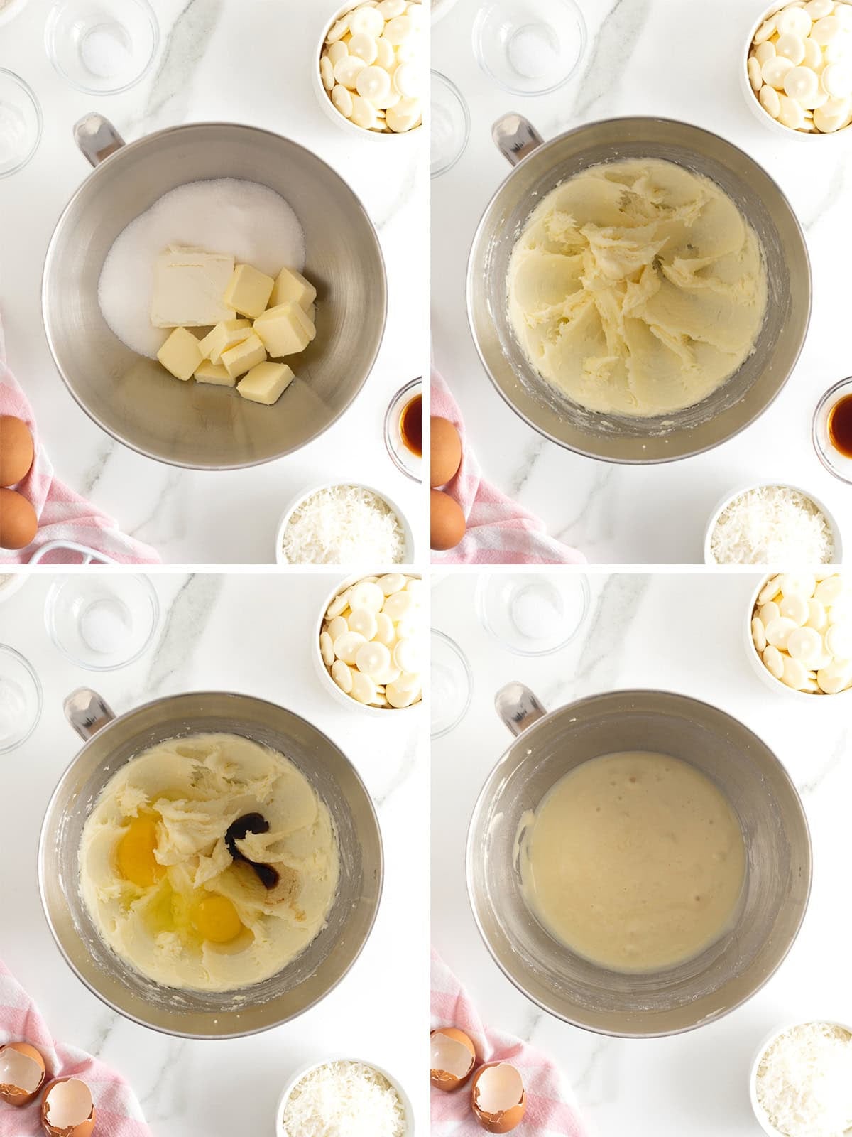 Steps to make white chocolate dipped coconut cookies.