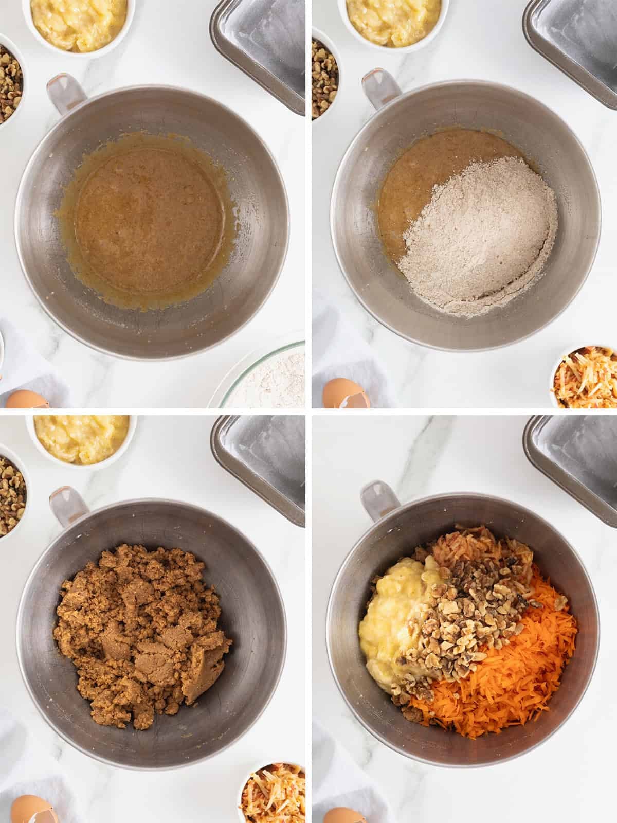 Steps to make whole wheat banana nut carrot cake bread.