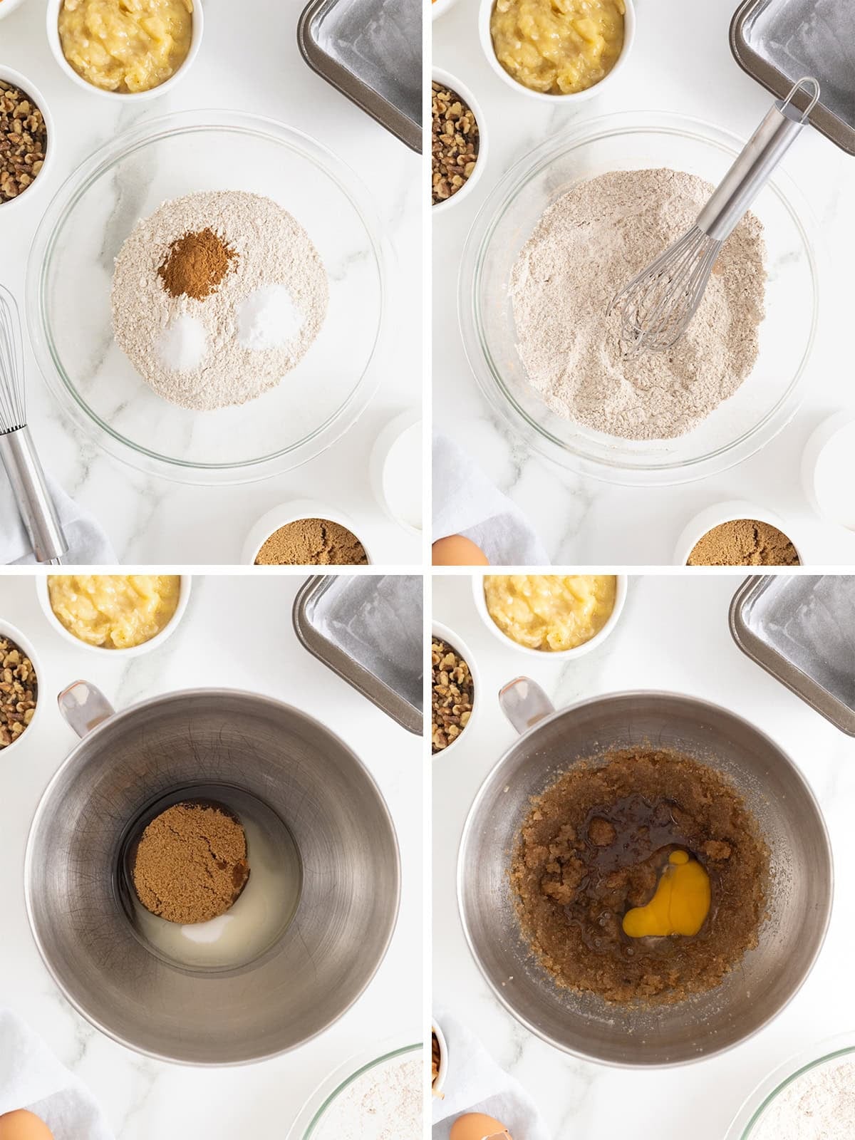 Steps to make whole wheat banana nut carrot cake bread.