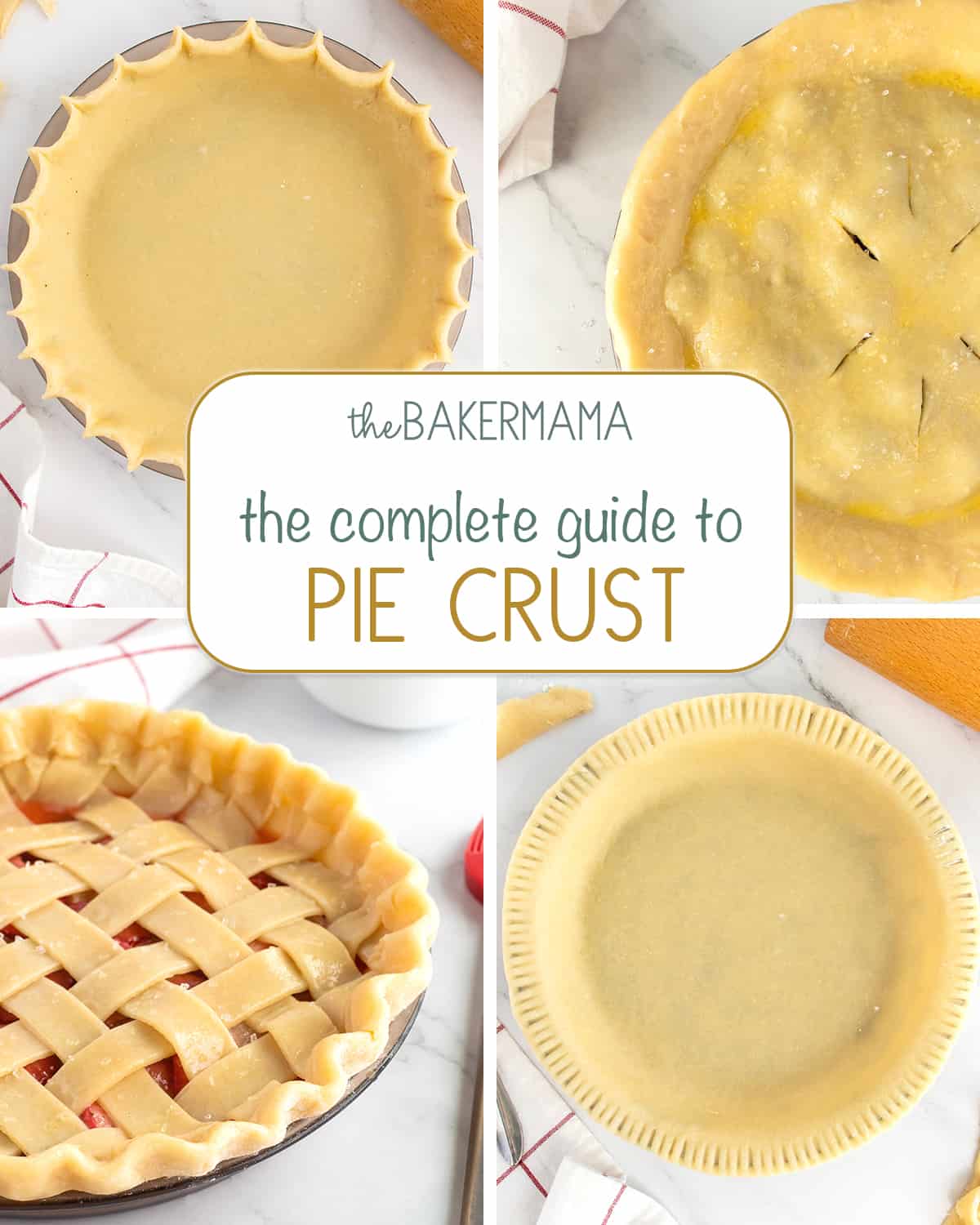 An unbaked scalloped pie crust, a double crust, a lattice crust and a pinched crust.