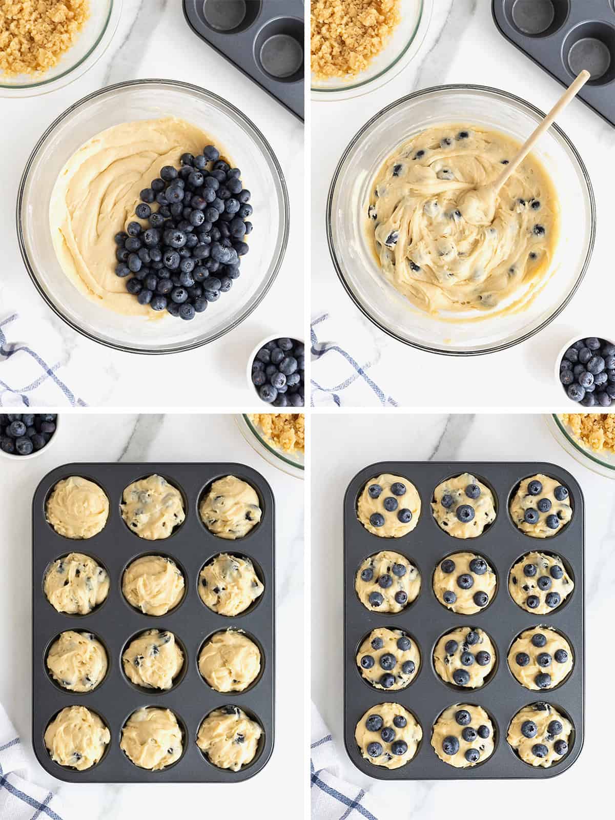 Steps to make blueberry muffins with streusel.