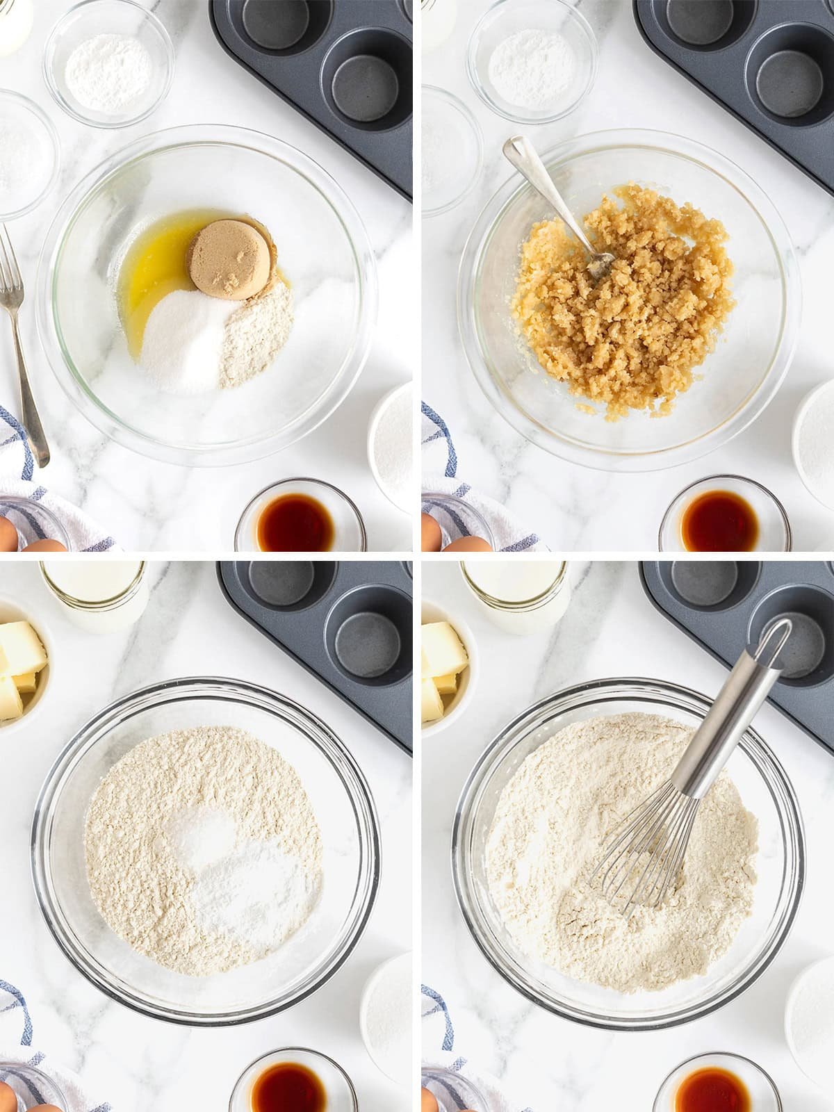 Steps to make blueberry streusel Muffins.