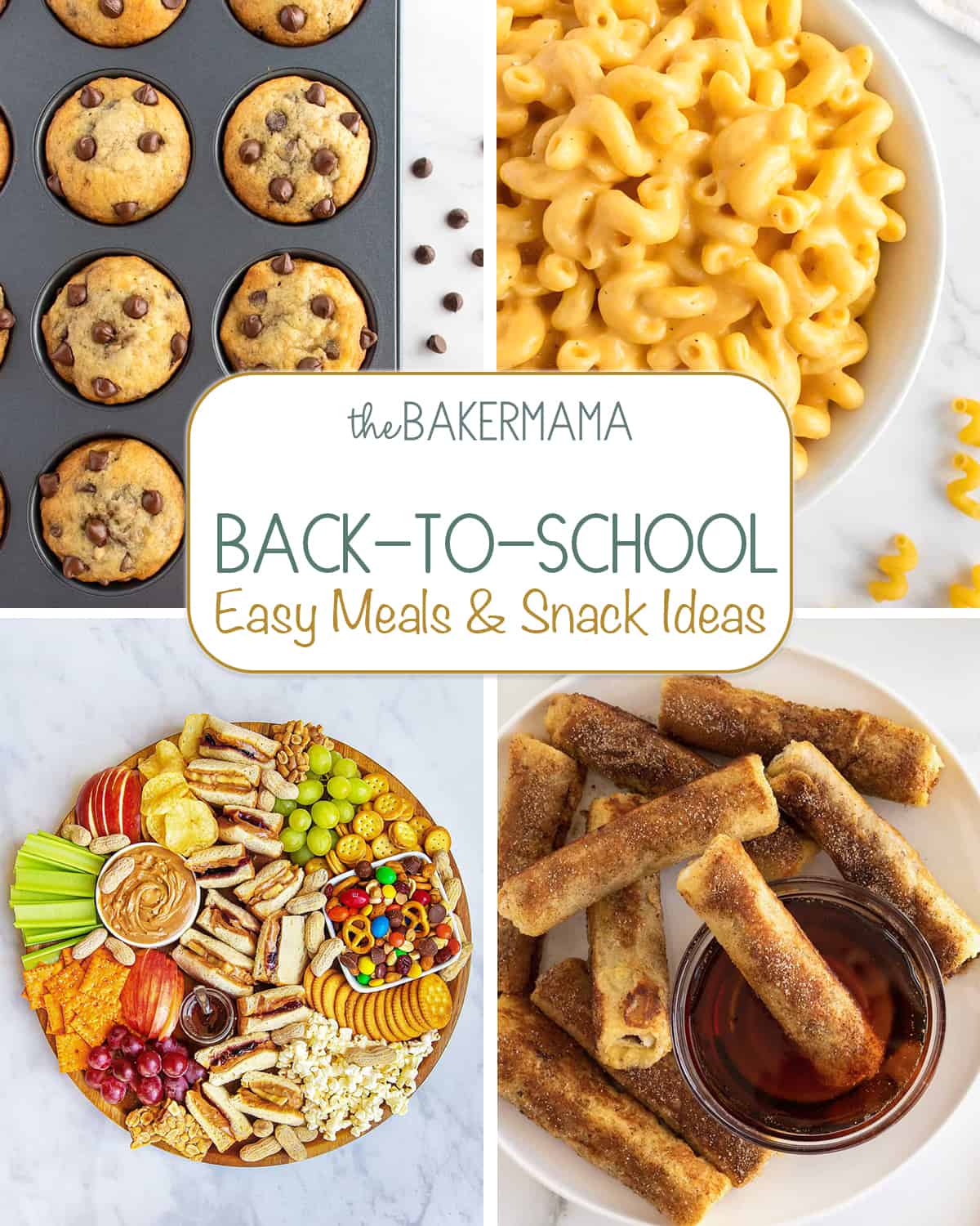 Banana chocolate chip muffins, stovetop macaroni and cheese, after school snack board, and French toast roll ups.